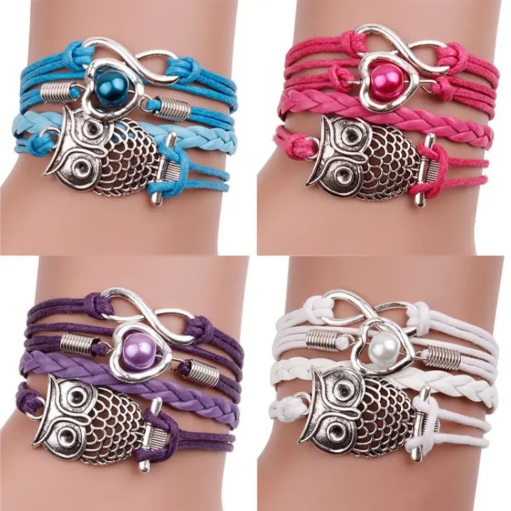 Purple & Silver Owl Infinity Heart Pearl Layered Layering Tiered Charm Bracelet